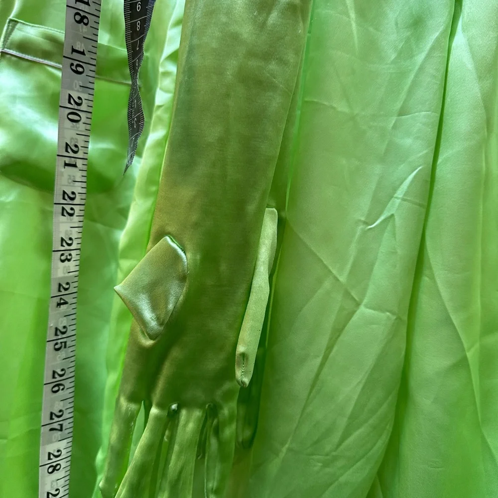 LIME GREEN SHINY Shimmer Pajama Set With Gloves Size Small Like New Pink Trim - Picture 9 of 11